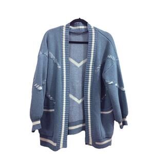 ANDTHEWHY Blue Distressed Knit Cardigan Sweater Open Front Pockets S/M